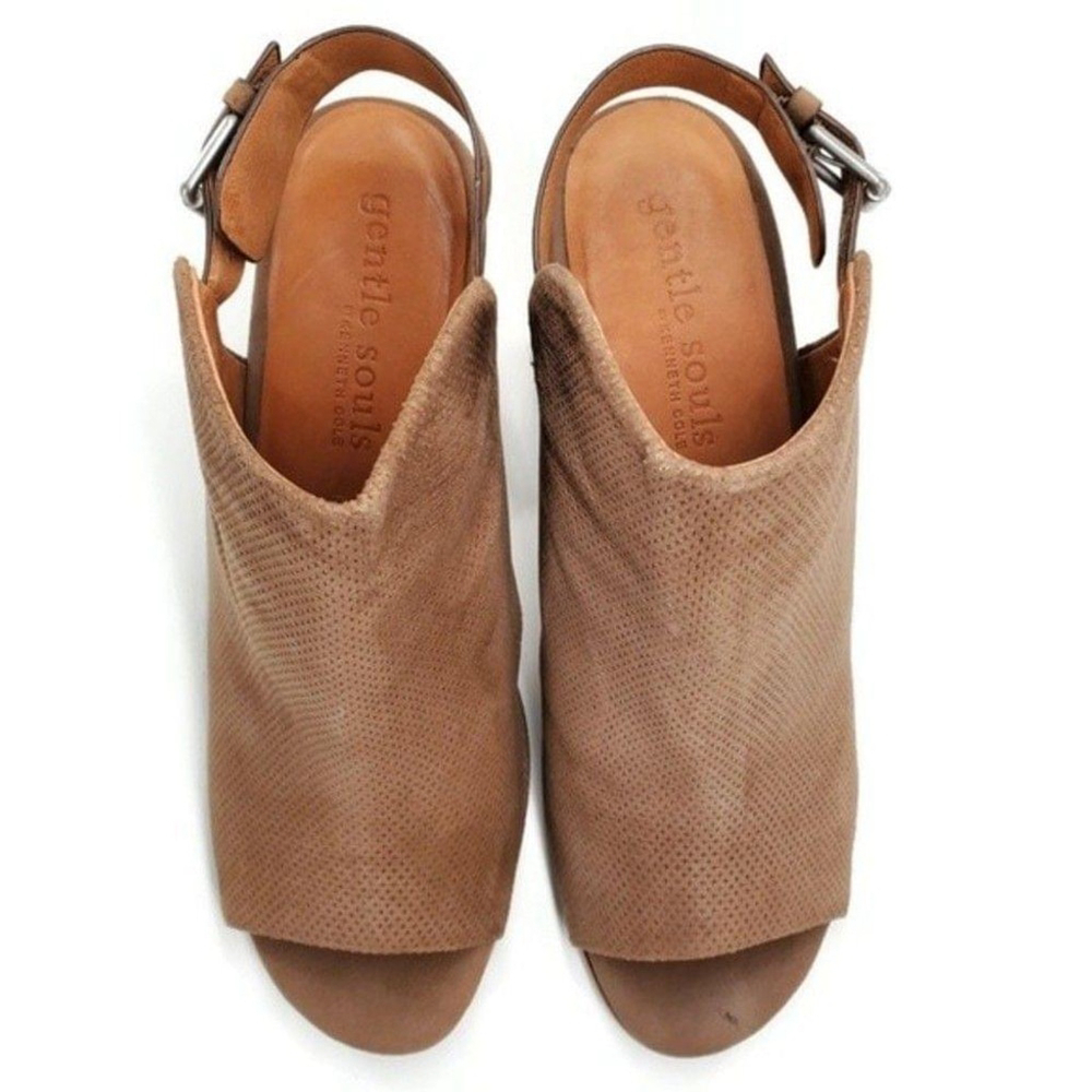 Gentle Souls Tan Nubuck Leather Open-Toe Sling-Back Stacked Heel Shootie Sandals - Picture 4 of 16